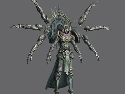 Multi Armed Mythical Character With Mechanical Armor And Halo Back Structure 3d model