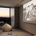 Modern Home Theater Room Interior With Gray Sofa Projector Floor Lamp And Round Coffee Table