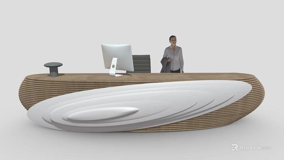 Modern Reception Desk With Unique Wave Design Wooden White Surface And Computer Monitor 3d model 
