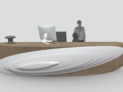 Modern Reception Desk With Unique Wave Design Wooden White Surface And Computer Monitor 3d model