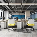 Modern Public Office Workspace with Open Layout Desks Computers Chairs and Green Plants