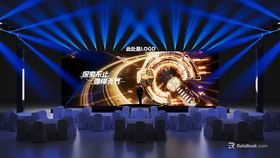 Modern Stage Setup With Blue Lighting Large Screen Circular Design And White Tables 3d model 