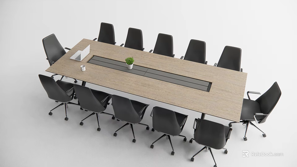 Modern Rectangular Conference Table With Wooden Top Black Office Chairs And Small Potted Plant 3d model 