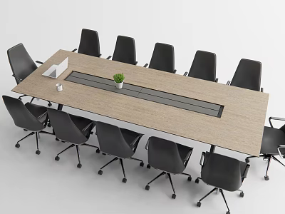 Modern Rectangular Conference Table With Wooden Top Black Office Chairs And Small Potted Plant 3d model