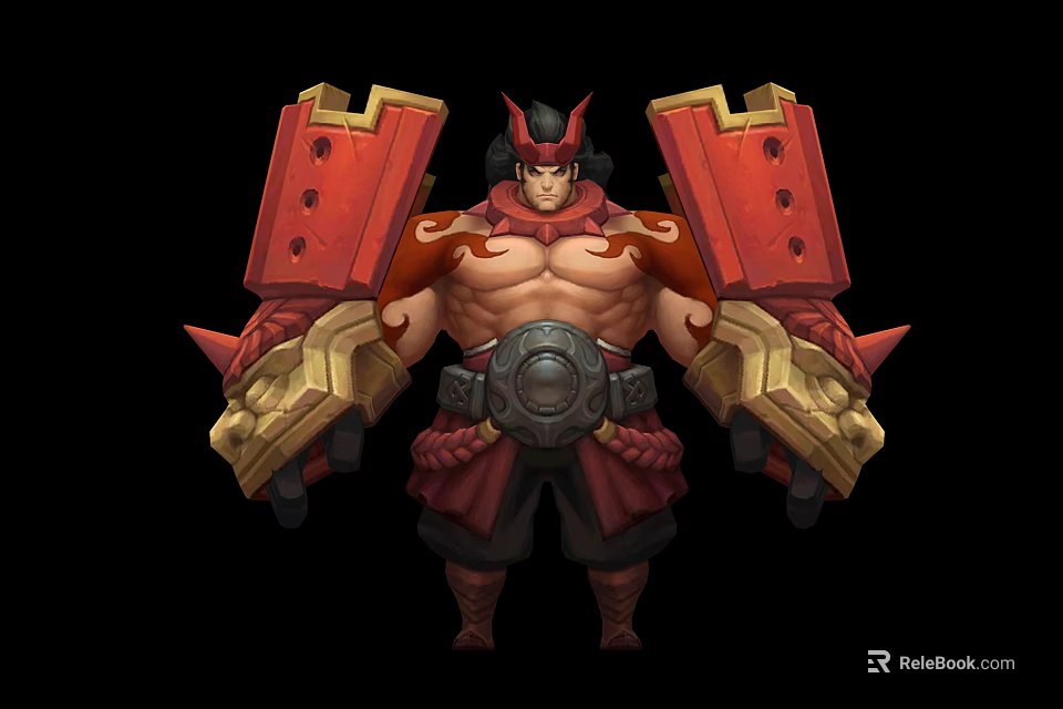 Muscular Fantasy Warrior With Red Gold Armor Horned Head Large Red Shields And Black Attire 3d model 