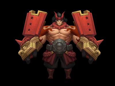 Muscular Fantasy Warrior With Red Gold Armor Horned Head Large Red Shields And Black Attire 3d model