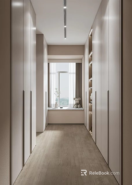 Modern Walk in Closet Interior Design With White Cabinets Window And Light Wood Flooring 3d model 