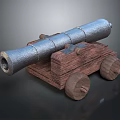 Antique Weapon Cannon With Metal Barrel Wooden Carriage And Wooden Wheels