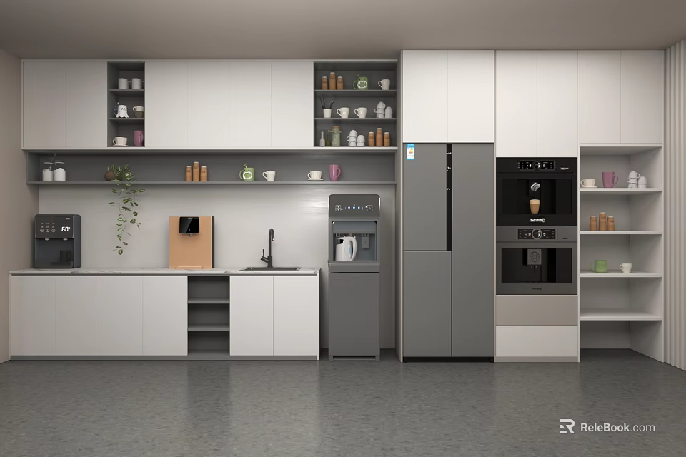 Clean Modern White Kitchen Interior With Cabinets Appliances Sink And Plants 3d model 