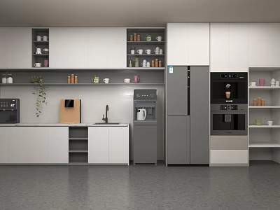 Clean Modern White Kitchen Interior With Cabinets Appliances Sink And Plants 3d model