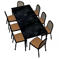 Modern Dark Wooden Dining Table Set With Six Rattan Backrest Chairs