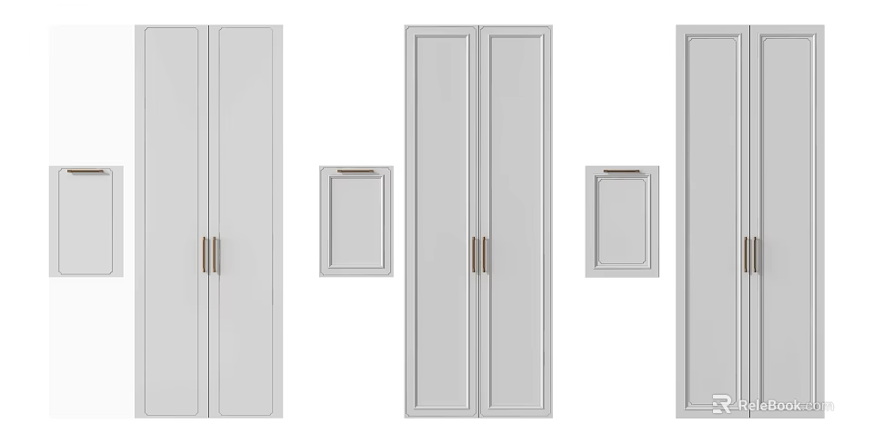 Sleek Light Gray Wardrobe Doors With Brushed Brass Handles And Small Panels 3d model