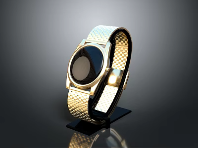 Elegant Golden Mesh Strap Watch With Black Dial On Display Stand 3d model