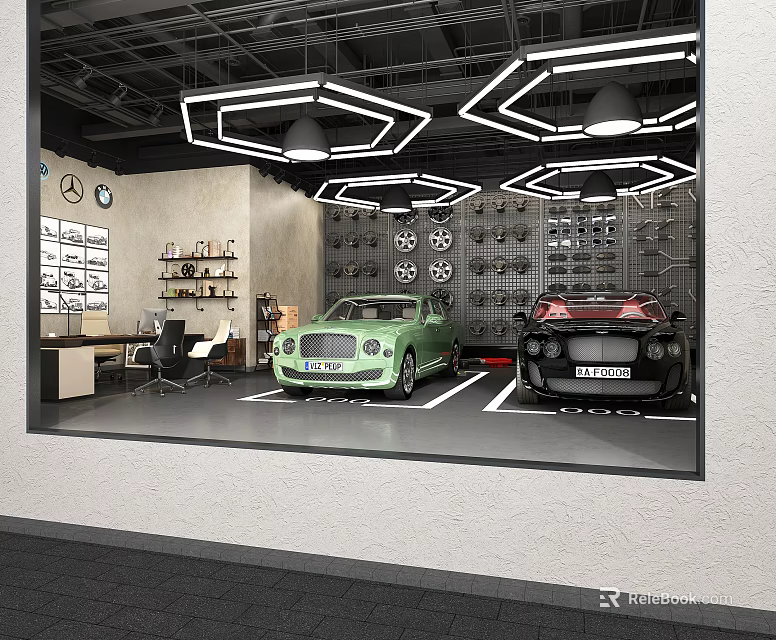 Luxury Car Dealership Showroom Featuring Green Black Cars Hexagon Ceiling Lights And Display Shelves 3d model 