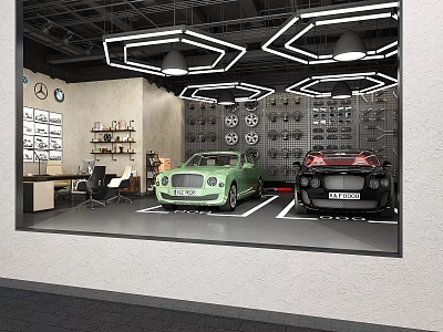Luxury Car Dealership Showroom Featuring Green Black Cars Hexagon Ceiling Lights And Display Shelves 3d model