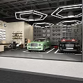 Luxury Car Dealership Showroom Featuring Green Black Cars Hexagon Ceiling Lights And Display Shelves