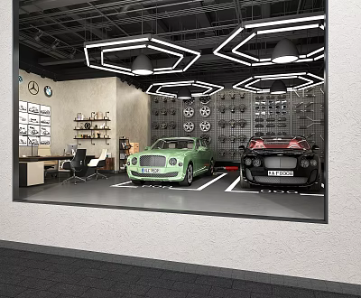 Luxury Car Dealership Showroom Featuring Green Black Cars Hexagon Ceiling Lights And Display Shelves 3d model