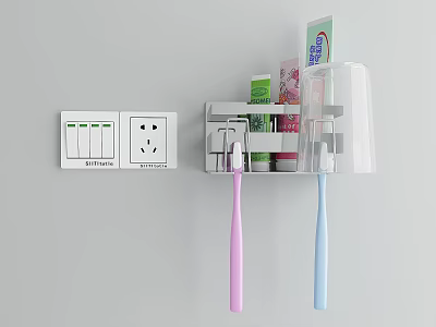 White Wall Mounted Bathroom Organizer with Toothbrushes Toothpaste and Daily Toiletries Next to Power Socket 3d model