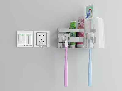 White Wall Mounted Bathroom Organizer with Toothbrushes Toothpaste and Daily Toiletries Next to Power Socket 3d model