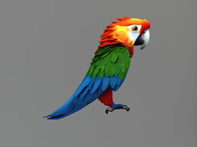 Colorful Parrot With Red Orange Green Blue Feathers Standing On Gray Background 3d model