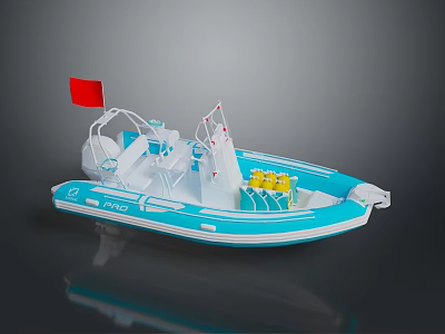 Blue and White Inflatable Boat Featuring Red Flag Yellow Gear Transparent Windscreen for Water Transport 3d model