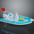 Blue and White Inflatable Boat Featuring Red Flag Yellow Gear Transparent Windscreen for Water Transport