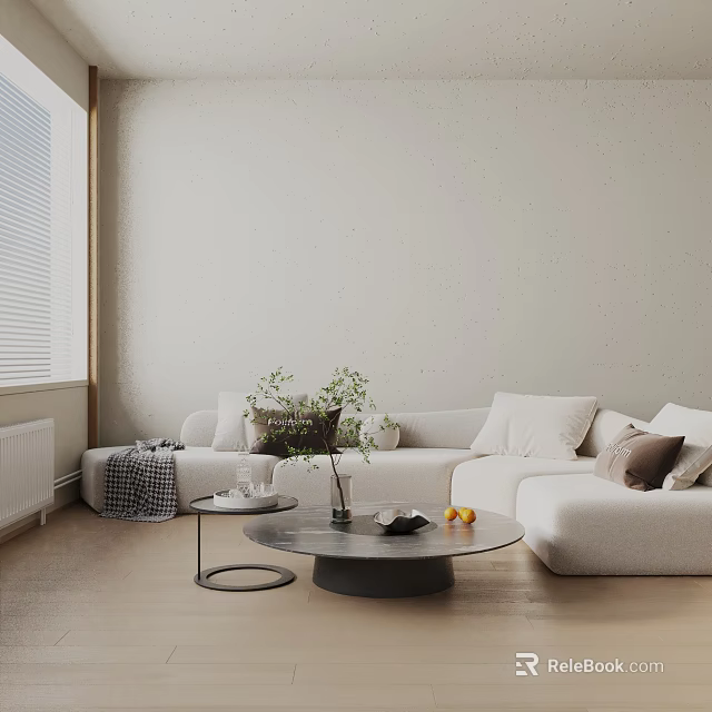 Modern Cream Colored Three Seater Sofa with Throw Pillows Coffee Table Vase and Wooden Floor 3d model 