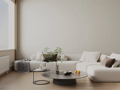 Modern Cream Colored Three Seater Sofa with Throw Pillows Coffee Table Vase and Wooden Floor 3d model