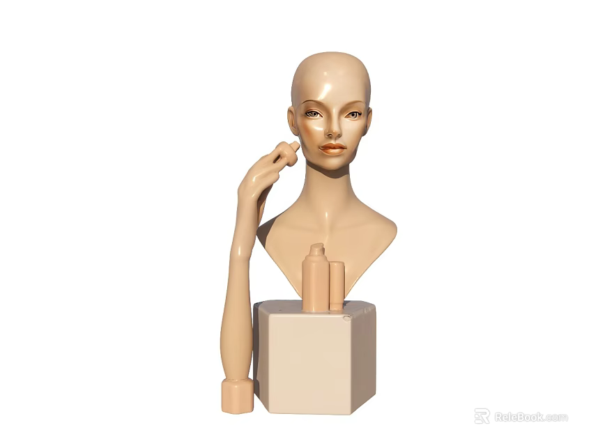 Mannequin Head Shoulder Display With Hand And Cosmetic Bottles On Square Base 3d model 