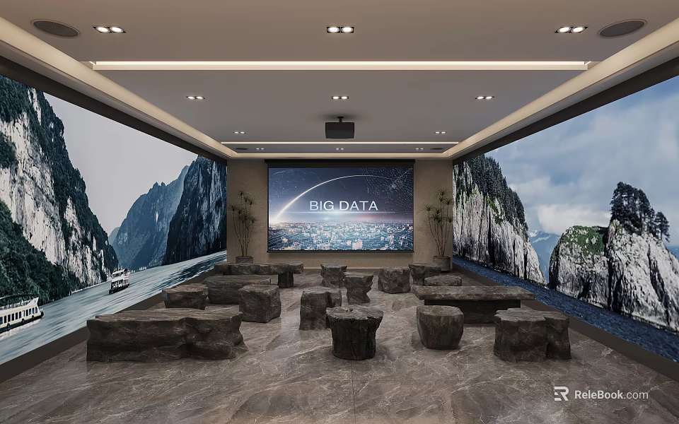 Cultural Center Interior With Large Screen Mountain Landscape Murals And Stone Seats 3d model 