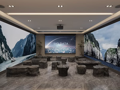 Cultural Center Interior With Large Screen Mountain Landscape Murals And Stone Seats 3d model