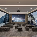 Cultural Center Interior With Large Screen Mountain Landscape Murals And Stone Seats