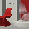 Red and Transparent Modern Dining Chairs Displayed on White Platform with Red Walls