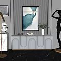 Modern Console Table Sideboard with Marble Top Decorative Sculpture Green Plants and Wall Art