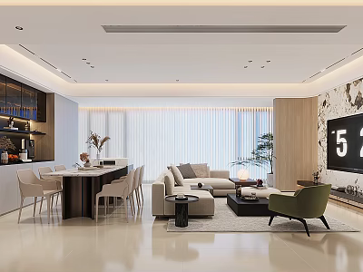 Modern Living Dining Room Interior With Beige Sofa Dining Table TV Plant And Decor 3d model