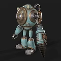 Game and Movie Robot Character With Round Head Mechanical Design And Teal Copper Accents