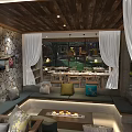 Rustic Restaurant Interior With Wooden Tables Hanging Lamps Stone And Greenery Walls