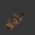Ancient Sailing Ship with Wooden Hull and Decorative Carvings White Sails Featuring Emblem Design