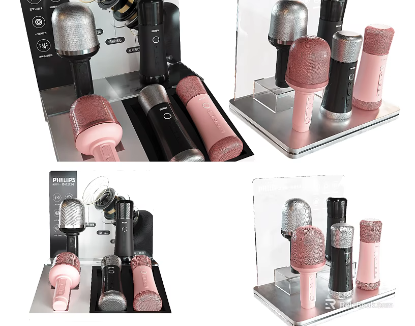 Stylish Headphones And Speakers In Pink Black Silver With Display Stand 3d model 
