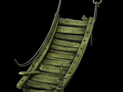 Old Rustic Hanging Wooden Bridge with Weathered Planks and Rope Railings 3d model