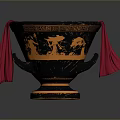 Ancient Style Sculpted Vase In Black With Orange Mythological Carvings And Red Drape