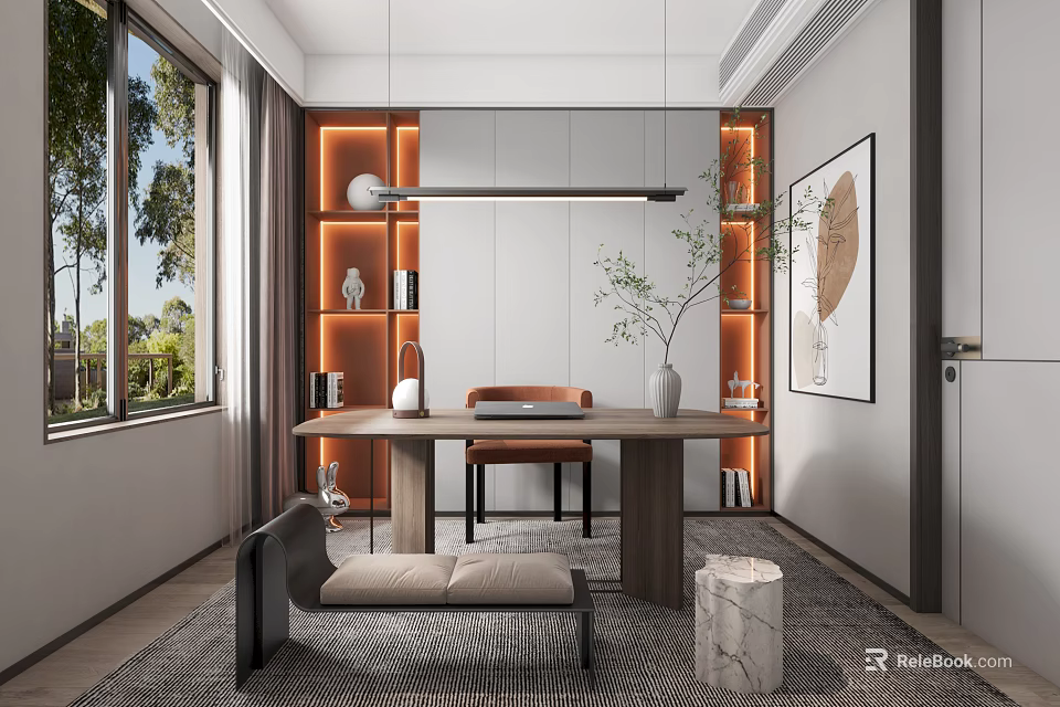Modern Study Room Interior With Illuminated Shelves Wooden Desk Orange Chair And Window View 3d model 