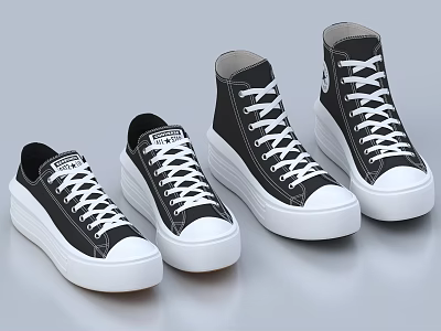 Black Canvas High Top and Low Top Shoes With White Platform Soles 3d model