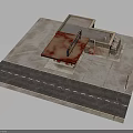 Modern Urban Scene Model Featuring Small Building Red Roof Concrete Road And Street Lights