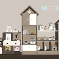 House Shaped Kids Bookcase in Light Wood White With Toys Dolls and MOMO Sign