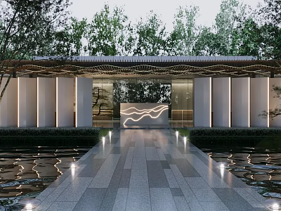 Modern Chinese Entrance Gate Featuring Roof Columns Stone Pathway Decorative Wall Trees and Water Pools 3d model