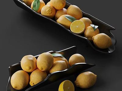 Fresh Lemons Displayed in Black Trays with Sliced Lemons and Green Leaves 3d model