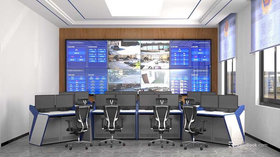 Modern Monitoring Room Interior With Multiple Screens Control Consoles And Ergonomic Chairs 3d model 