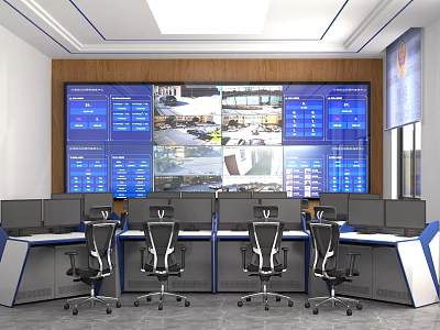 Modern Monitoring Room Interior With Multiple Screens Control Consoles And Ergonomic Chairs 3d model