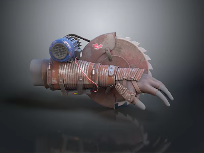 Vintage Industrial Style Mechanical Arm Utility Tool With Saw Blade Fan And Leather Wrapping 3d model